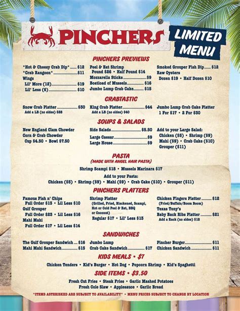 pinchers restaurant menu with prices.